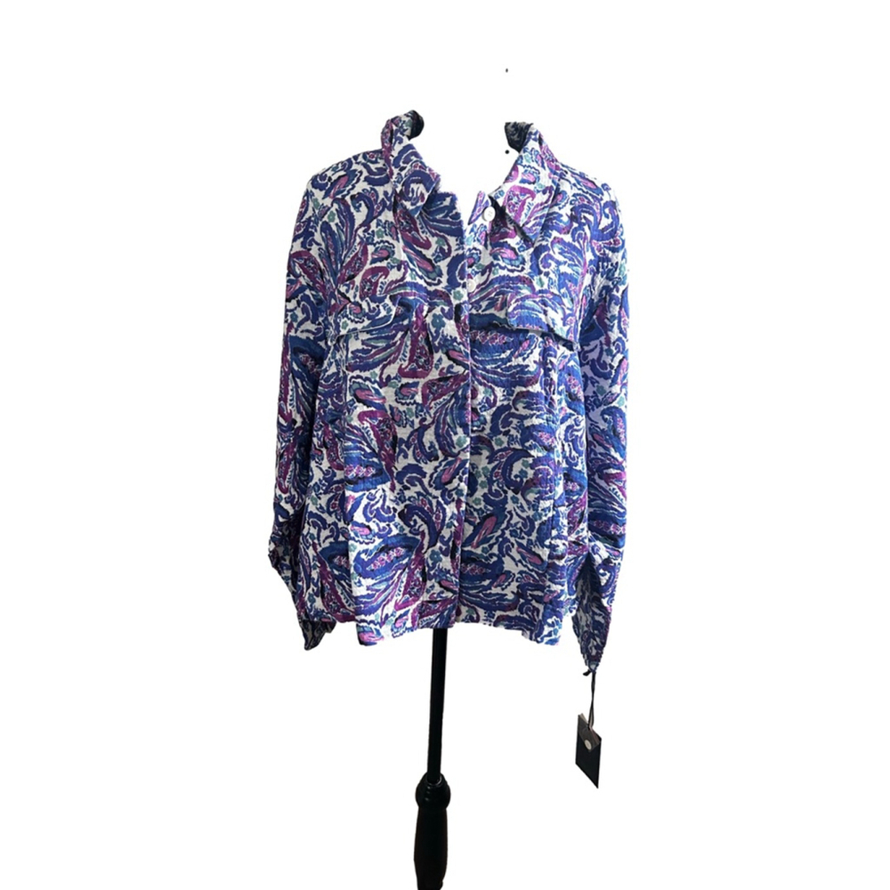 Kathy Ireland 3X Button-Up Blouse | Tri-Color Paisley Print